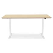 Bureau design assis-debout électrique 'SMALL TECH' en bois naturel pieds métal blanc - 150 x 70 cm
