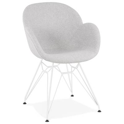 Chaise style industriel design à accoudoirs 'LOTUS' en tissu gris clair avec 4 pieds en métal blanc