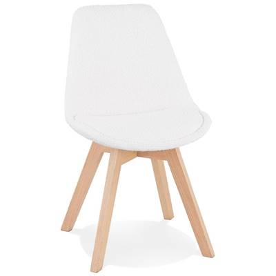 Chaise design de style moderne 'MILANO' en tissu bouclé blanc noir avec 4 pieds en bois naturel