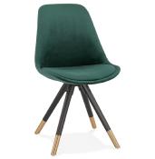 Chaise design 'Modena' en velours vert avec 4 pieds en bois noir et métal brossé doré