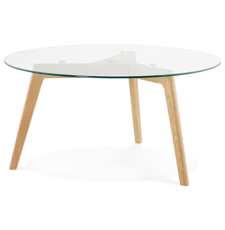 Table basse scandinave ronde 'Kölmy' plateau en verre 3 pieds en bois – Ø 90 cm