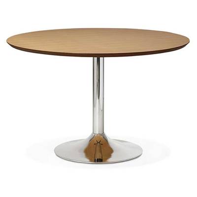 Table / table de réunion design ronde 'Mandlar' plateau bois pied central métal chromé – Ø 120 cm