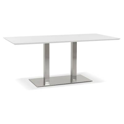 Table à diner / de salle à manger 'Tvillin' blanche en bois pied central acier brossé - 180 x 90 cm