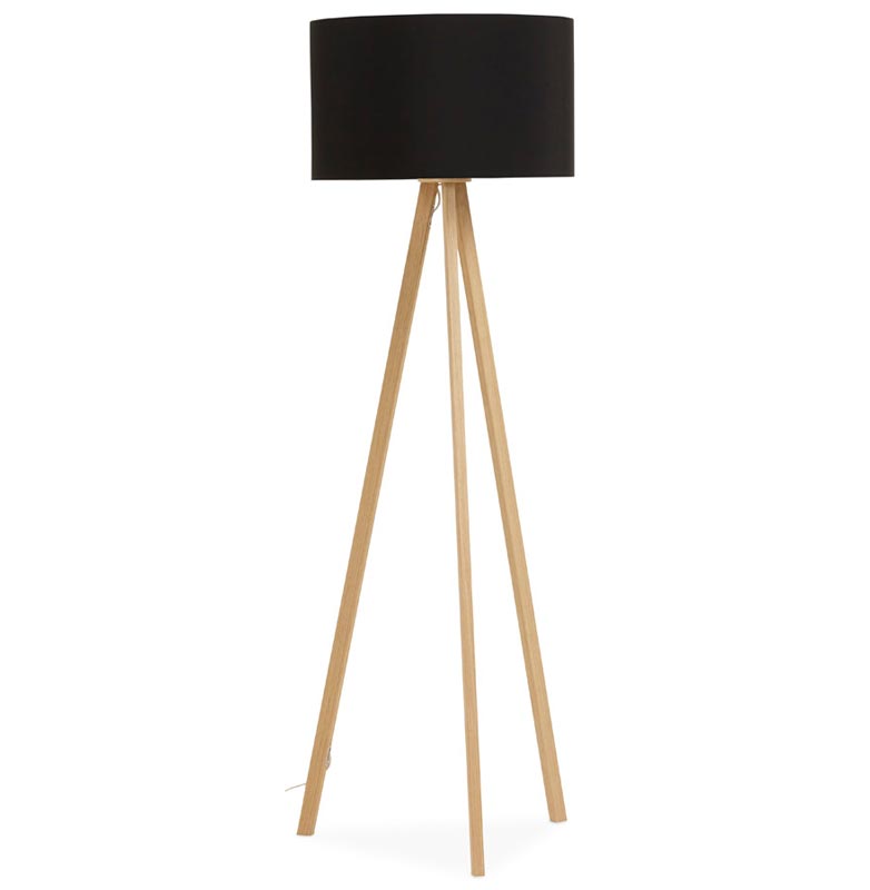 Lampadaire trépied scandinave 'Stätiv' abat-jour en tissu noir 3 pieds en bois naturel