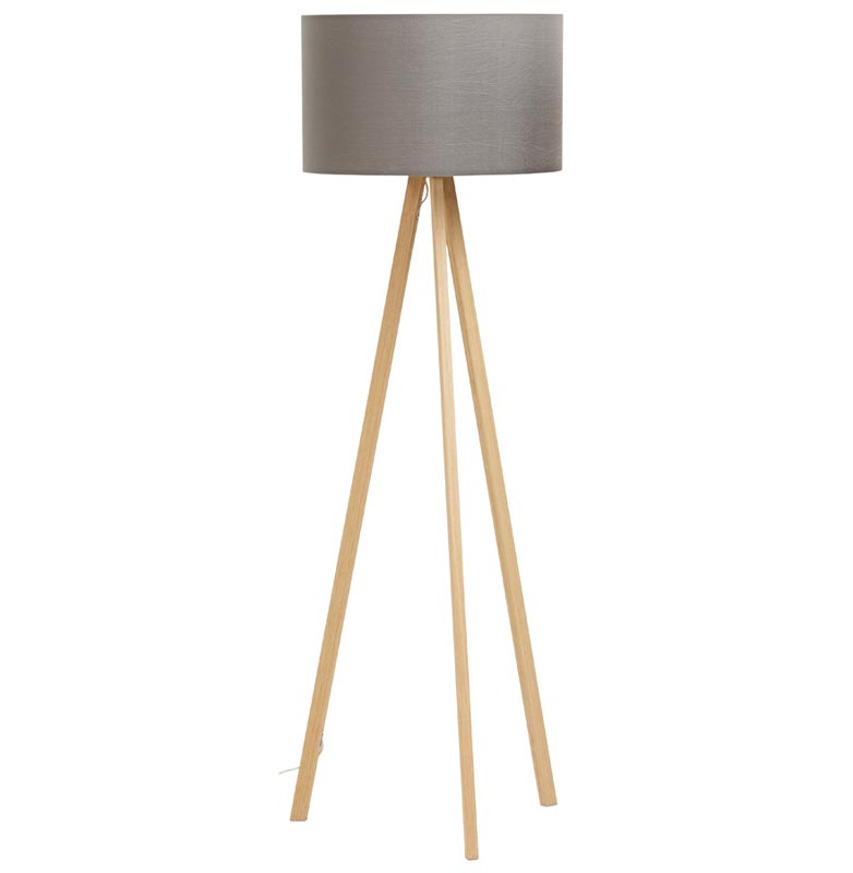 Lampadaire trépied scandinave 'Stätiv' abat-jour en tissu gris 3 pieds en bois naturel