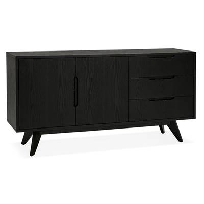 Meuble bahut buffet design 'CHESTERFIELD' en bois noir 2 portes et 3 tiroirs pieds en bois massif noir