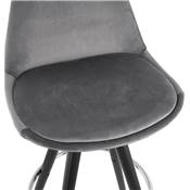 Tabouret de bar 'BLACK CIRCLE' velours gris 4 pieds bois noir repose pieds métal chromé dossier haut