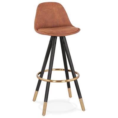 Tabouret de bar 'MODEN' microfibre marron 4 pieds bois noir repose pieds et pieds doré dossier haut