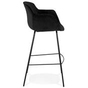 Tabouret de bar design à accoudoirs moderne 'CARINO' en velours noir avec 4 pieds en métal noir