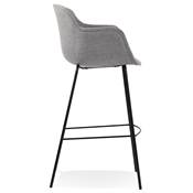 Tabouret de bar design à accoudoirs moderne 'CARINO' en tissu gris clair avec 4 pieds en métal noir