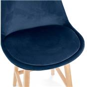 Tabouret de bar design scandinave 'CHAIRMAN' en velours bleu 4 pieds en bois naturel et dossier haut