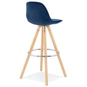 Tabouret bar scandinave 'CIRCLE' velours bleu 4 pieds bois naturel repose pieds chromé dossier haut