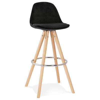 Tabouret bar scandinave 'CIRCLE' velours noir 4 pieds bois naturel repose pieds chromé dossier haut