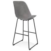 Tabouret de bar 'GUSTO' en velours gris pieds tréteaux et repose pieds en métal noir dossier haut