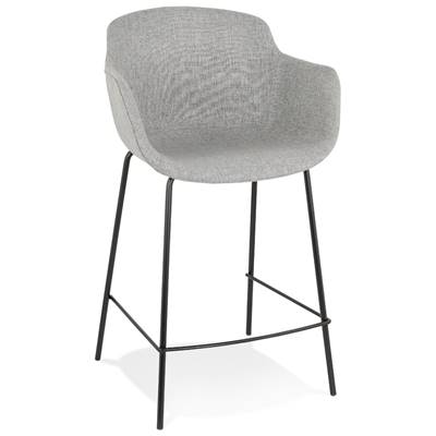 Tabouret snack mi-hauteur accoudoirs 'CARINO MINI' tissu gris clair 4 pieds métal noir dossier haut