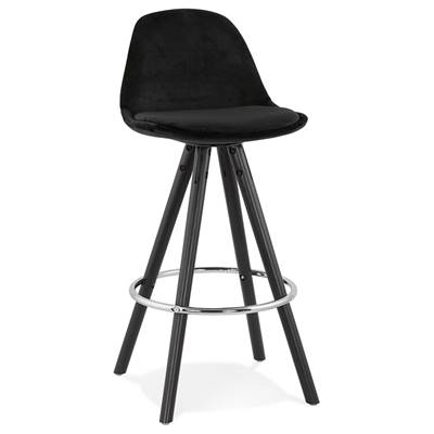 Tabouret snack mi-hauteur 'BLACK CIRCLE MINI' velours noir 4 pieds bois noir et chromé dossier haut