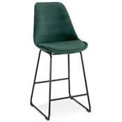 Tabouret de snack mi-hauteur 'GUSTO MINI' velours vert pieds tréteaux en métal noir dossier haut