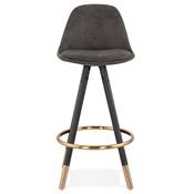 Tabouret snack mi-hauteur design 'MODEN MINI' microfibre grise 4 pieds bois noir et doré dossier haut