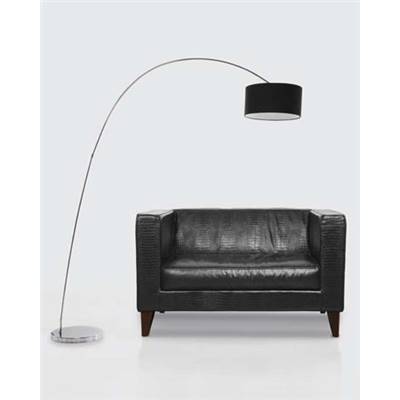 Lampadaire design 'Gooseneck' abat-jour rond en tissu noir structure et socle en métal chromé