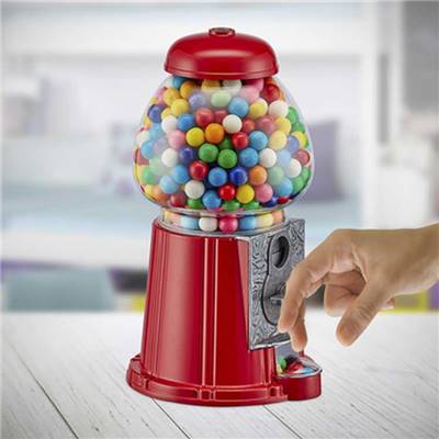 Distributeur de chewing gum / bonbons avec tirelire en verre et en métal – 23 cm