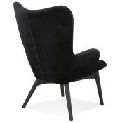 Fauteuil à oreilles capitonné design 'ELEGAN' en velours noir pieds en bois noir