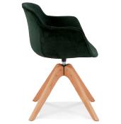 Chaise design de style scandinave à accoudoirs 'VOGAN' en velours vert avec 4 pieds en bois naturel