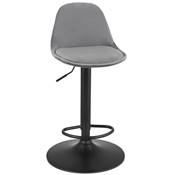 Tabouret de bar réglable 'LUSSO' pivotant velours gris pied et repose pieds métal noir dossier haut