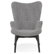 Fauteuil à oreilles design capitonné design 'ELEGAN' en tissu pied de poule pieds en bois noir