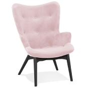 Fauteuil à oreilles capitonné design 'ELEGAN' en velours rose pieds en bois noir