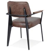 Chaise design à accoudoirs vintage 'FIFTY' assise marron et pieds en métal noir