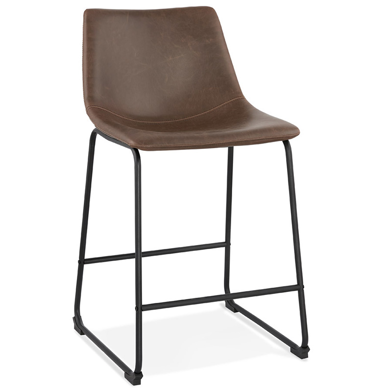 Tabouret de snack mi-hauteur design 'Klub Mini' marron 4 pieds repose pieds acier noir dossier haut