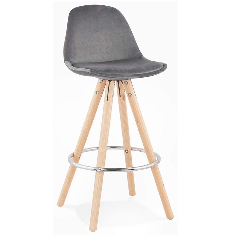 Tabouret snack mi-hauteur scandinave 'CIRCLE MINI' velours gris 4 pieds bois et chromé dossier haut