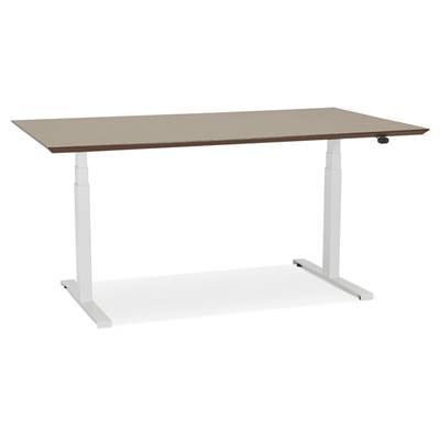 Bureau design assis-debout électrique 'SMALL TECH' en noyer pieds en métal blanc - 150 x 70 cm