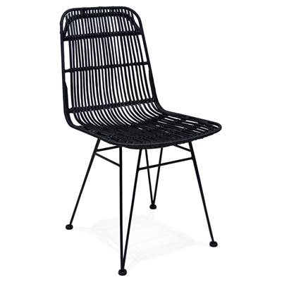 Chaise design 'RATTAN' en rotin noir avec 4 pieds en métal noir et dossier haut