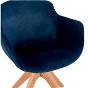 Chaise design de style scandinave à accoudoirs 'VOGAN' en velours bleu avec 4 pieds en bois naturel