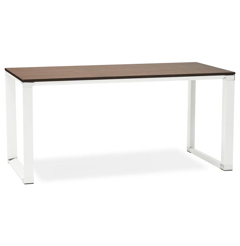 Bureau de direction droit design 'Business' plateau noyer pieds métal blanc et chromé – 160 x 80 cm