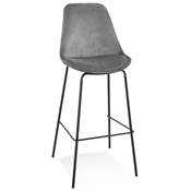 Tabouret de bar baroque 'KESKI' en velours gris 4 pieds et repose pieds en métal noir dossier haut
