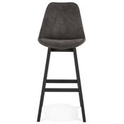 Tabouret de bar design 'CHAIRMAN BLACK EDITION' microfibre grise 4 pieds bois noir et dossier haut