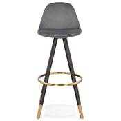 Tabouret de bar 'MODEN' velours gris 4 pieds bois noir repose pieds et pieds métal doré dossier haut