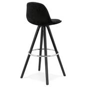 Tabouret de bar 'BLACK CIRCLE' velours noir 4 pieds bois noir repose pieds métal chromé dossier haut