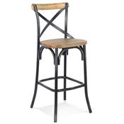 Tabouret de bar vintage 'MAKINA' bois finition noyer effet vieilli 4 pieds métal noir dossier haut