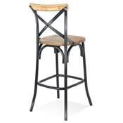 Tabouret de bar vintage 'MAKINA' bois finition noyer effet vieilli 4 pieds métal noir dossier haut