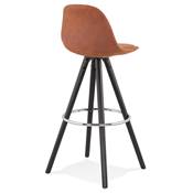 Tabouret de bar 'BLACK CIRCLE' tissu marron 4 pieds bois noir repose pieds métal chromé dossier haut