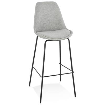 Tabouret de bar moderne 'KESKI' en tissu gris clair 4 pieds et repose pieds métal noir dossier haut