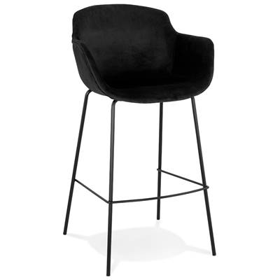 Tabouret de bar design à accoudoirs moderne 'CARINO' en velours noir avec 4 pieds en métal noir