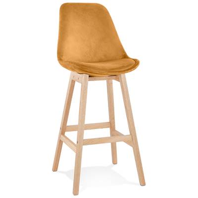 Tabouret de bar design scandinave 'CHAIRMAN' en velours moutarde 4 pieds bois naturel dossier haut