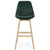 Tabouret de bar design scandinave 'CHAIRMAN' en velours vert 4 pieds en bois naturel et dossier haut
