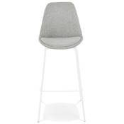 Tabouret de bar 'KESKI' en tissu gris clair 4 pieds et repose pieds en métal blanc dossier haut