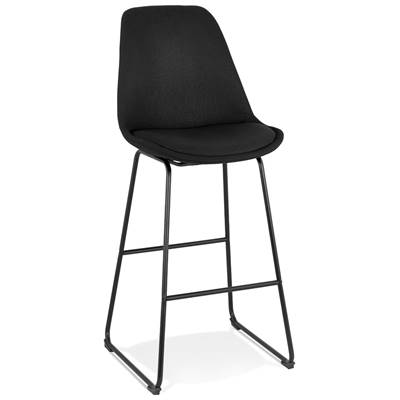 Tabouret de bar design 'GUSTO' en tissu noir pieds tréteaux et repose pieds métal noir dossier haut
