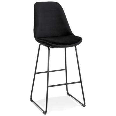 Tabouret de bar 'GUSTO' en velours noir pieds tréteaux et repose pieds en métal noir dossier haut